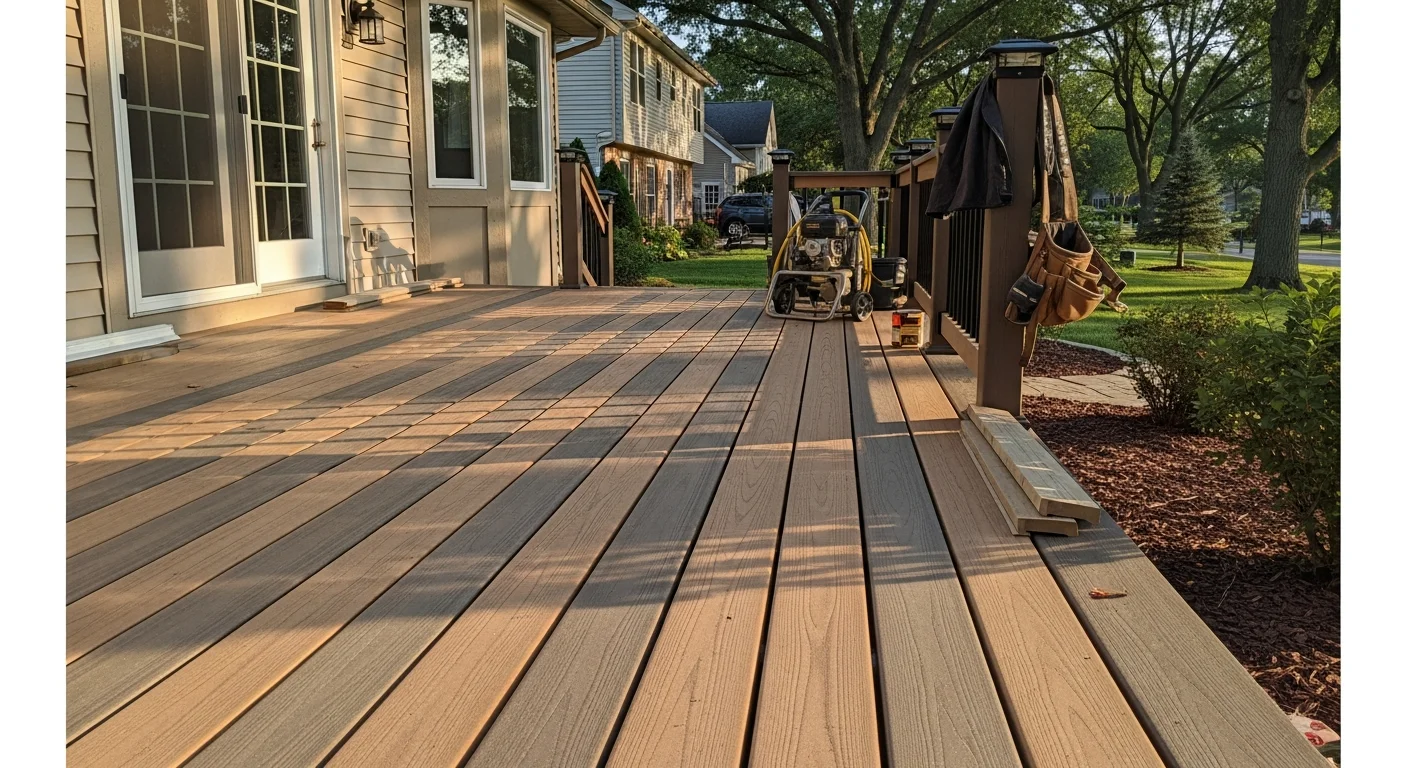 Custom residential deck with railings overlooking backyard