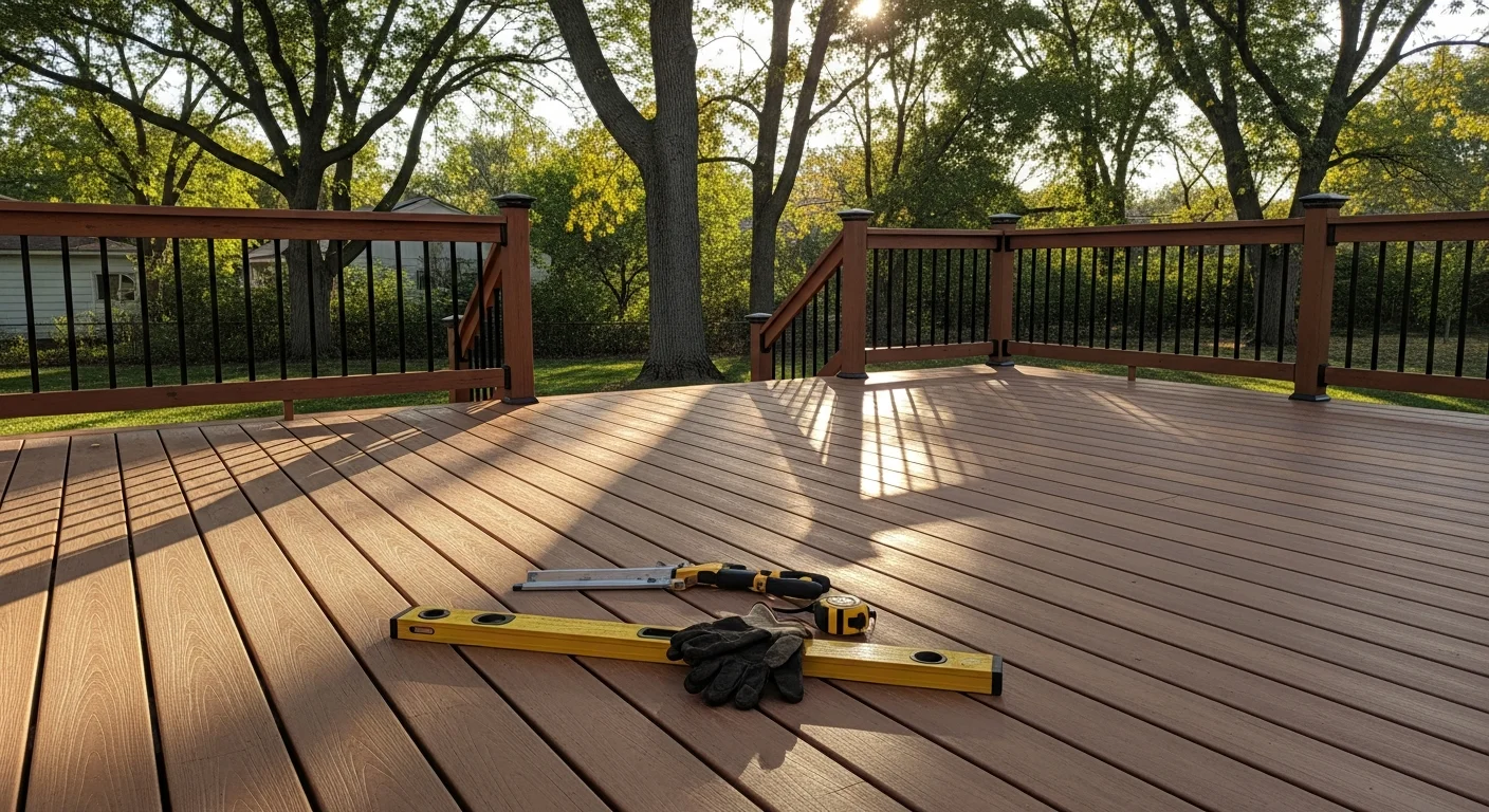 Beautiful custom deck built by Barefoot Construction in a Northern Illinois backyard surrounded by mature trees.