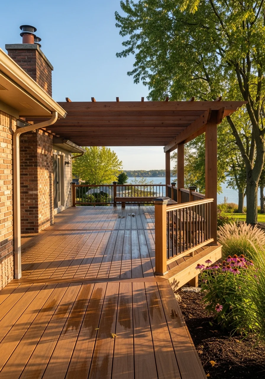 Pergola and outdoor kitchen installation in a Southern Wisconsin home by Barefoot Construction.