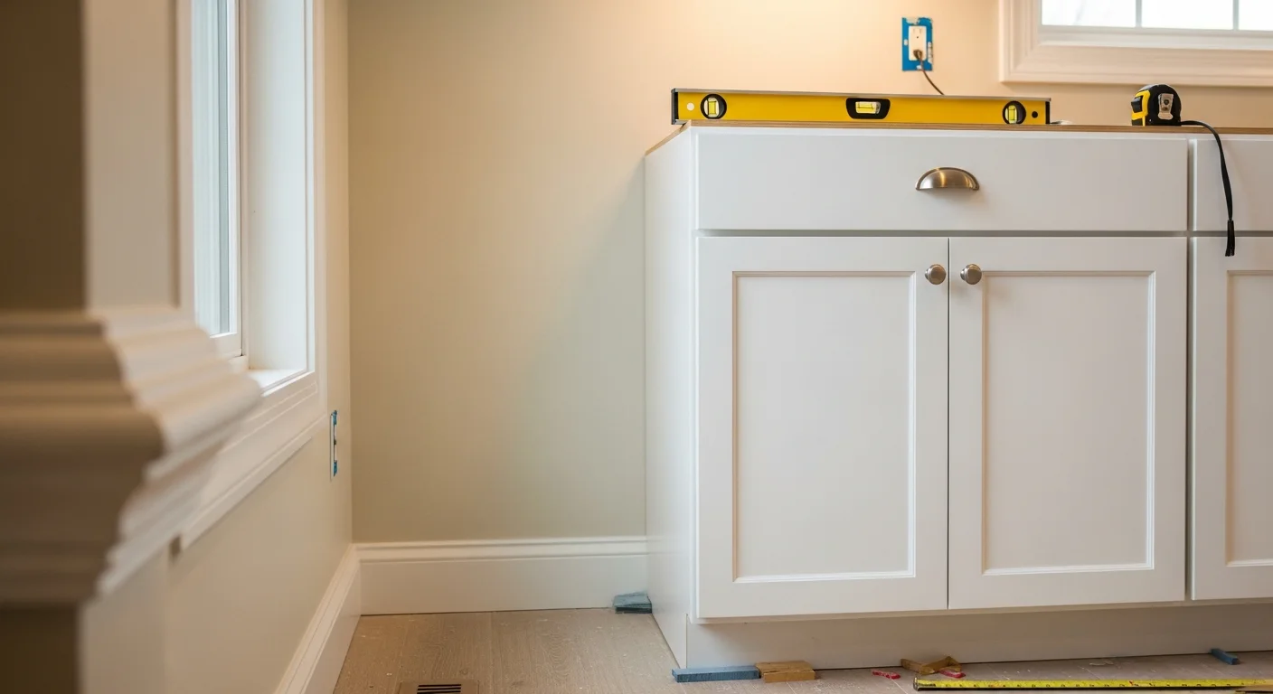 Newly installed custom kitchen cabinets in a Grayslake, IL single-family home, showing flush upper and lower cabinet runs with consistent reveals and hardware aligned across all doors and drawers. The installation fits tightly to the ceiling and walls with no visible filler strips.