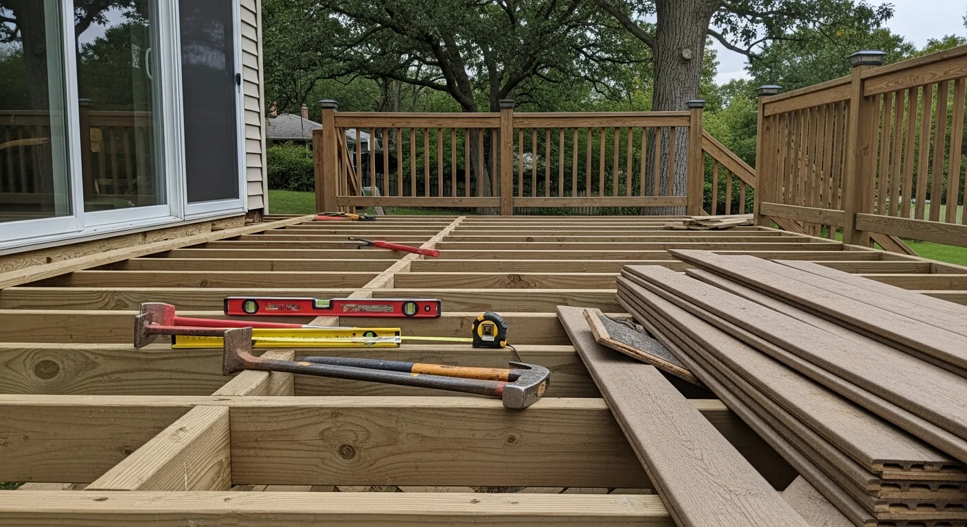 A remodeled backyard deck on a single-family home in Grayslake, IL, showing new decking boards, updated railings, and rebuilt stairs. The deck backs to a wooded lot typical of Lake County residential properties.