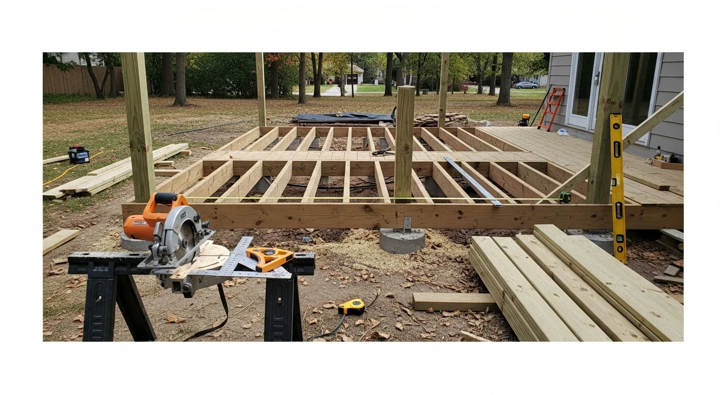 A newly built replacement deck with wood decking and black metal railings attached to the back of a single-family home in Grayslake, IL. The old deck framing has been removed and replaced with a clean, level structure ready for outdoor use.