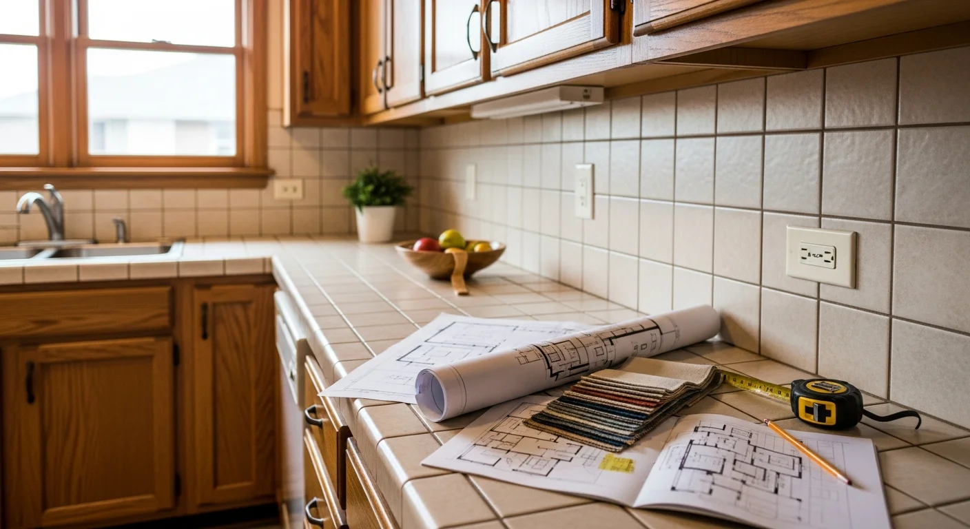 A Barefoot Construction kitchen design consultation in progress inside a single-family home in Grayslake, IL, with a contractor reviewing layout plans at a dated kitchen counter. The existing space shows an older closed-off floor plan typical of Grayslake homes built between the 1970s and 1990s.