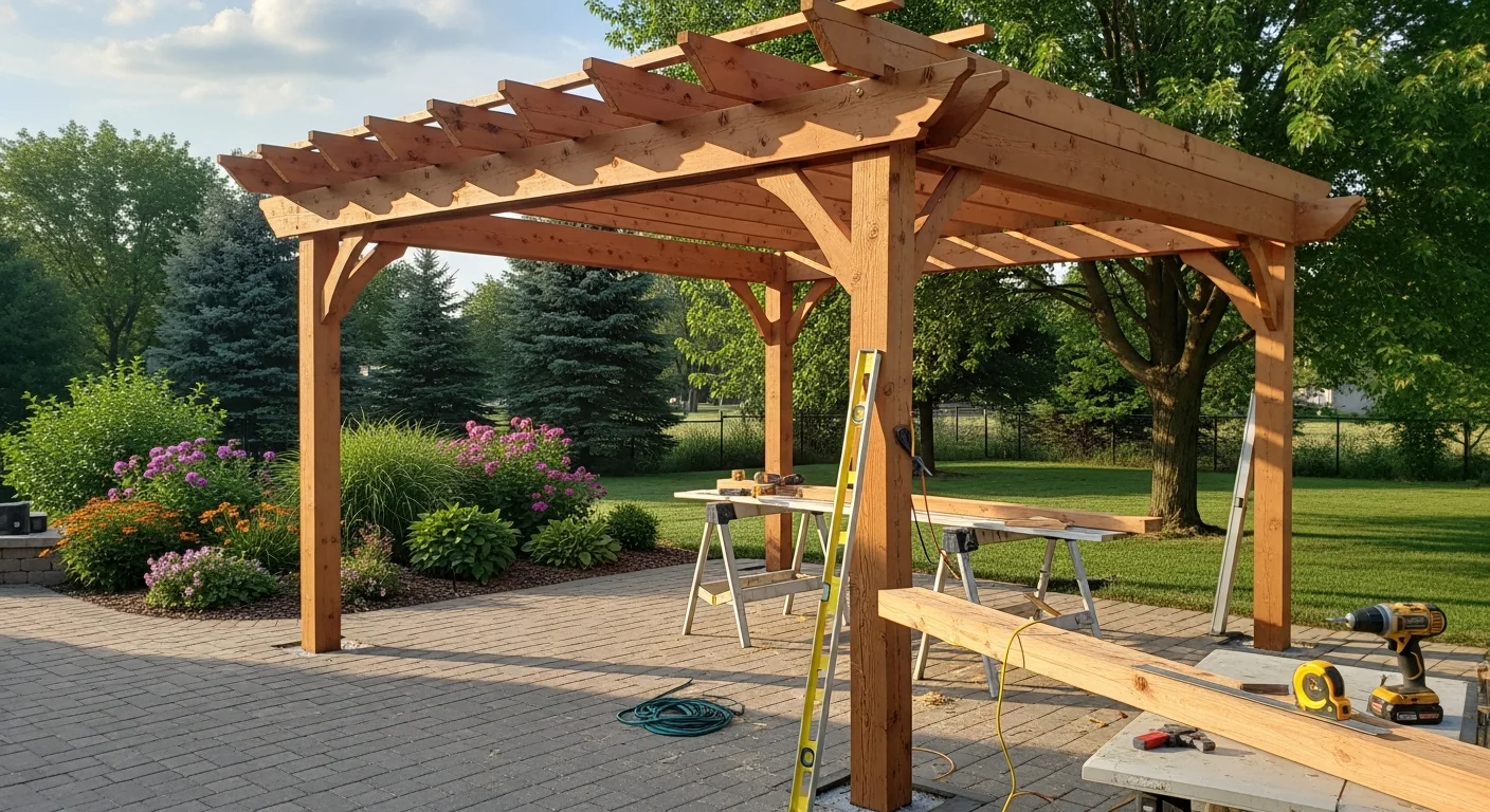 A newly installed freestanding wood pergola in a residential backyard in Grayslake, IL, with open beam rafters casting shade over a patio seating area. The structure sits on a concrete patio surface surrounded by a green lawn typical of a Lake County suburban home.