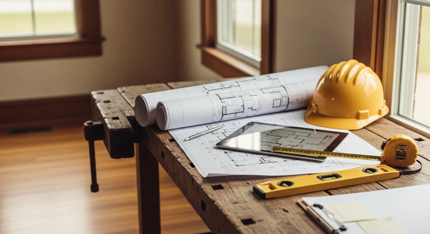 A Barefoot Construction general contractor reviewing remodeling plans with a homeowner inside a Grayslake, IL residence. The consultation takes place in a kitchen with existing cabinetry and an open floor plan visible in the background.