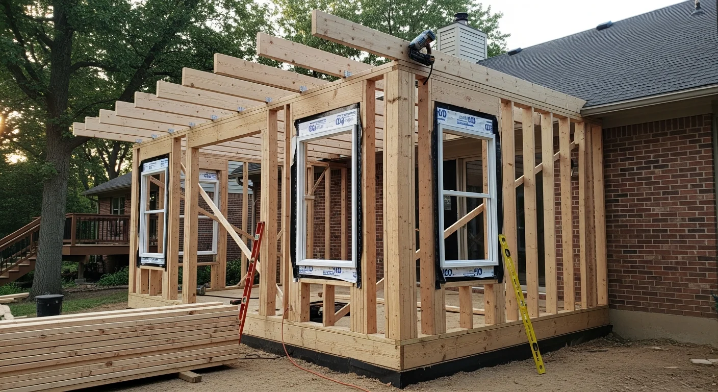 A newly built three-season room addition attached to the back of a Grayslake, IL home, featuring screened panel walls, a pitched roof tied into the existing roofline, and a wood-framed interior overlooking a backyard. The room sits on a concrete patio slab with exterior trim matching the home's siding.